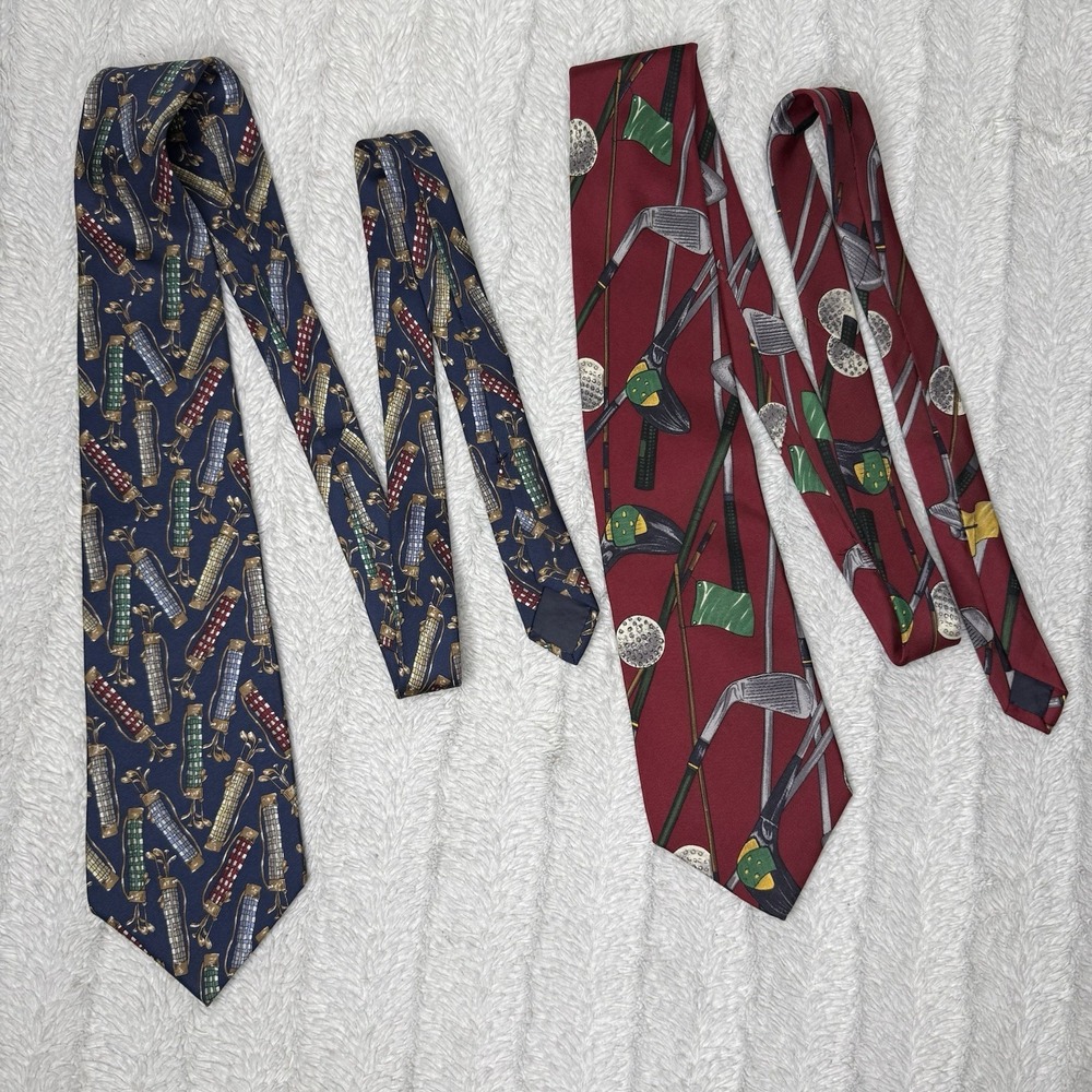 AKA Eddie Bauer Silk Golf Men's Neck Ties Bundle Of Two Red Blue‎ Novelty Tie